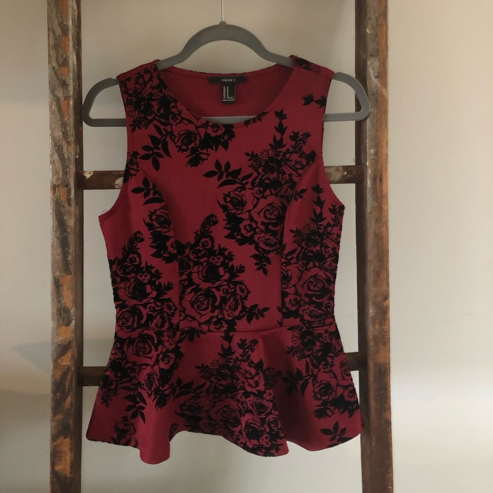 Forever 21 Red and Black velvet peplum top